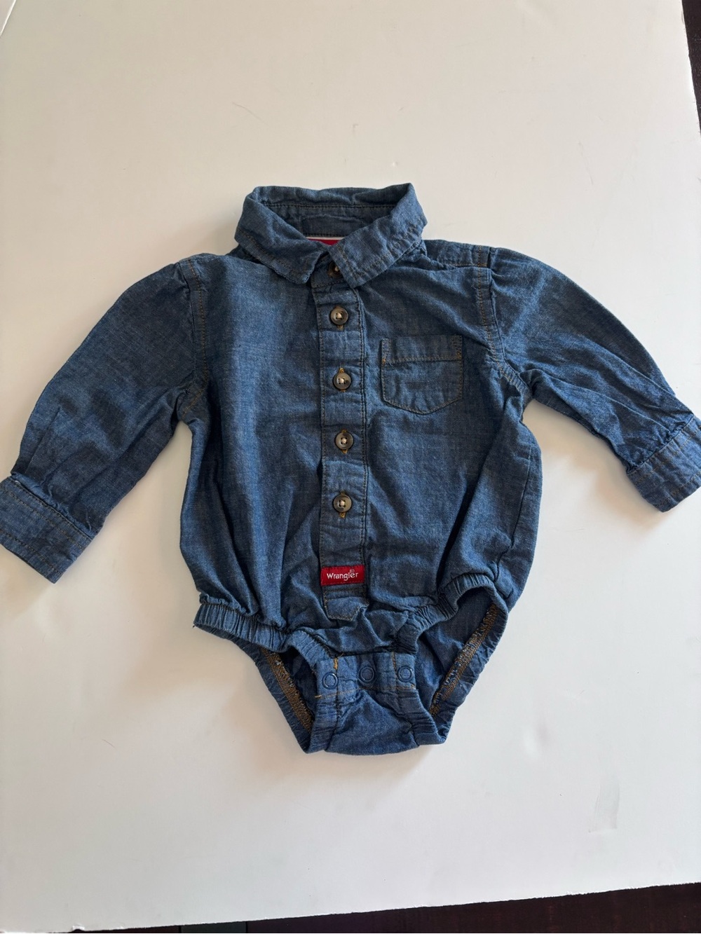 WRANGLER Infant Boys Long Sleeve Denim Bodysuit Baby Jean Button Down Size 9 Mo